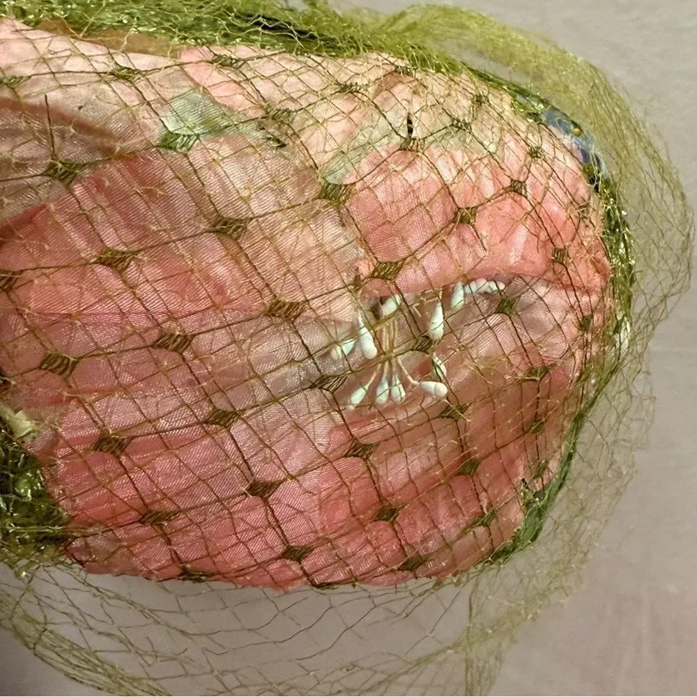 Vintage Rare Hutzler’s Pillbox Floral Tulle Net Fascinator Hat Green White Pink - Picture 15 of 15